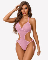 Deep V Teddy Lingerie Mesh Cut Out Bodysuit